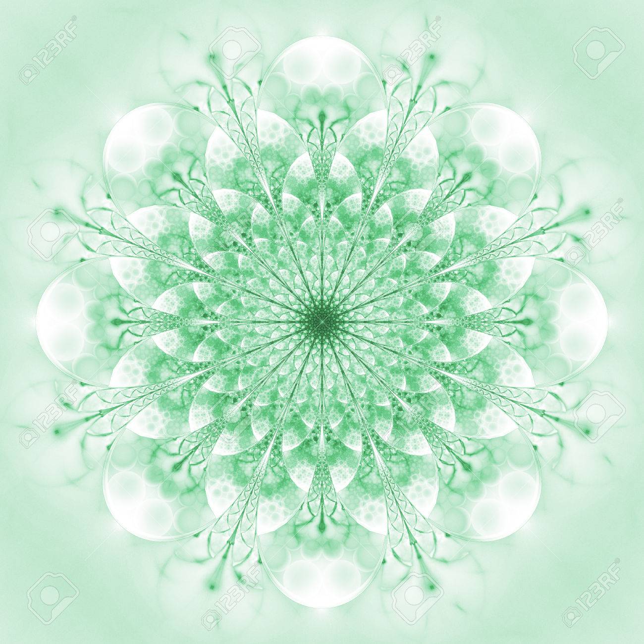 Abstract exotic flower. Psychedelic mandala design in light green colors. Fantasy fractal art. 3D rendering.