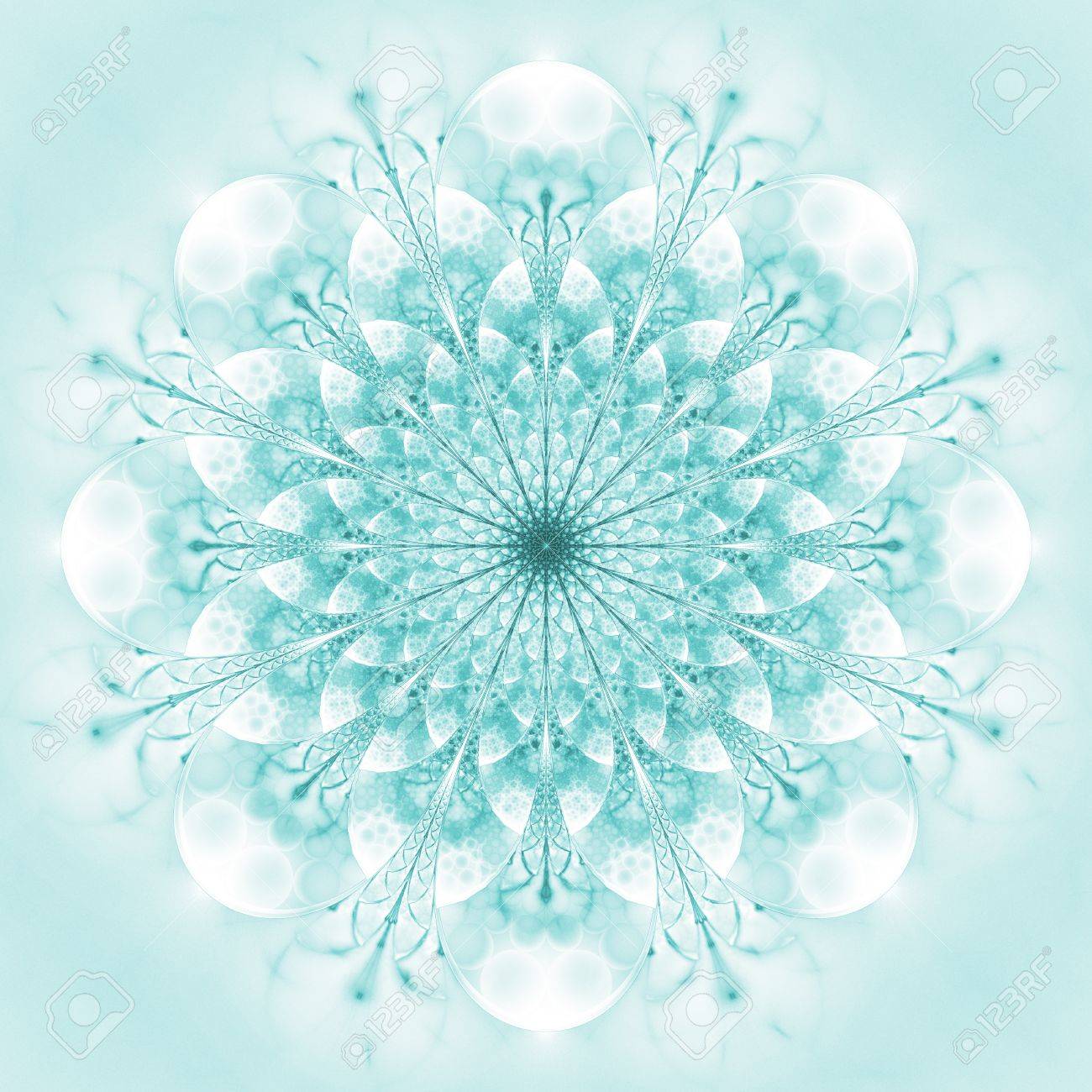 Abstract exotic flower. Psychedelic mandala design in light blue colors. Fantasy fractal art. 3D rendering.